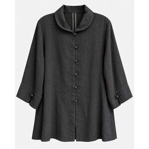 Fridaze XL Black Linen Tunic Mandarin Collar Frog Button Lagenlook Art Wear